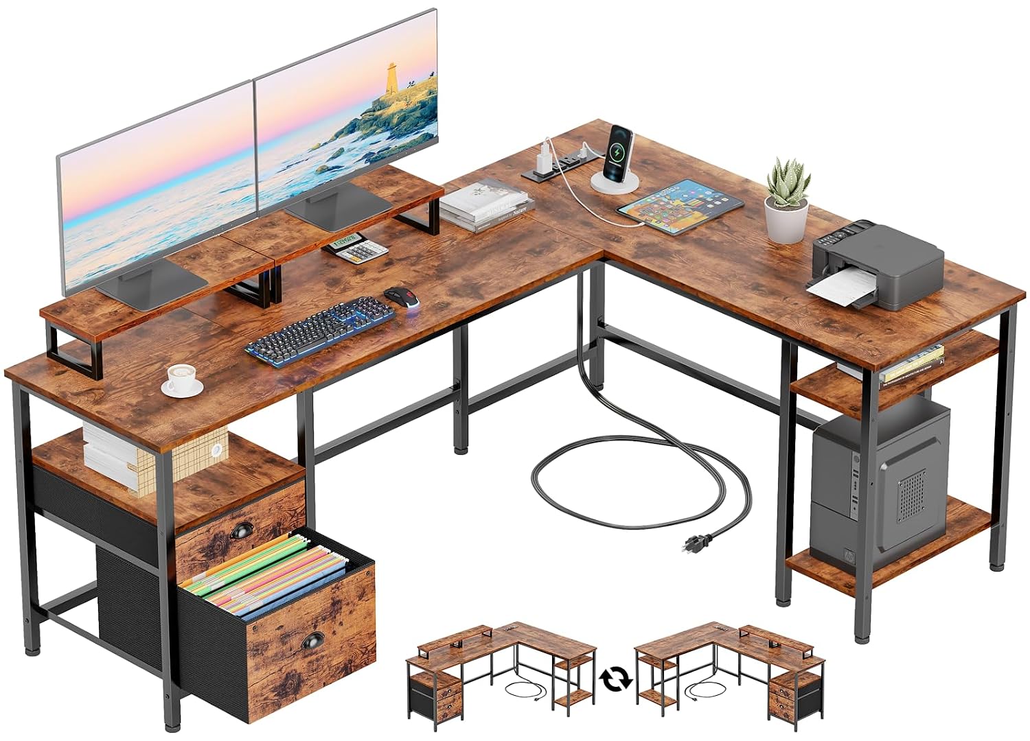 L Desk with Power Outlet, File - đánh giá và giá Office Furniture Outlet